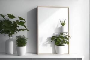 Rectangular vertical frame mockup in scandi style interior with trailing green plants and shelf on empty neutral white wall background. AI Generated photo