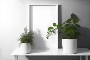 Rectangular vertical frame mockup in scandi style interior with trailing green plants and shelf on empty neutral white wall background. AI Generated photo