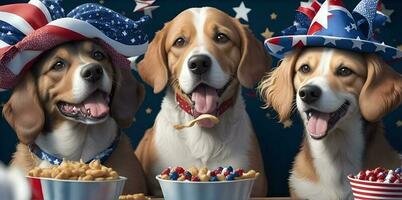 Three dogs having fourth of july party. AI Generated photo