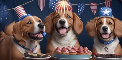 Three dogs having fourth of july party. AI Generated photo