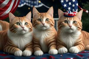 Three ginger cats having fourth of july party. AI Generated photo