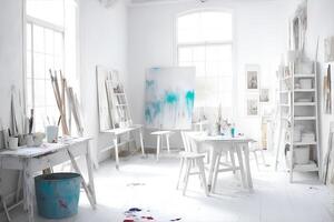 White atelier. A painter or artist atelier, craft room, with white interior. AI Generated photo