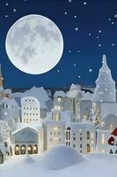 Winter Snow Urban Countryside Landscape City Village with full moon. AI Generated photo