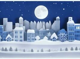 Winter Snow Urban Countryside Landscape City Village with full moon. AI Generated photo