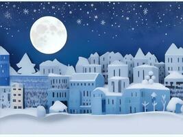 Winter Snow Urban Countryside Landscape City Village with full moon. AI Generated photo