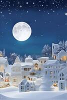 Winter Snow Urban Countryside Landscape City Village with full moon. AI Generated photo