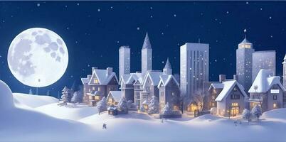 invierno nieve urbano campo paisaje ciudad pueblo con lleno Luna. ai generado foto