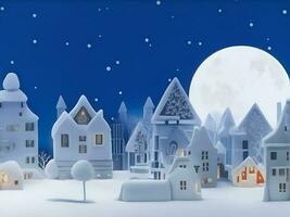 Winter Snow Urban Countryside Landscape City Village with full moon. AI Generated photo