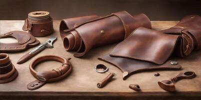 leather craft. Hand made leather goods, or leather parts on a work table. AI Generated photo