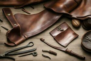 leather craft. Hand made leather goods, or leather parts on a work table. AI Generated photo