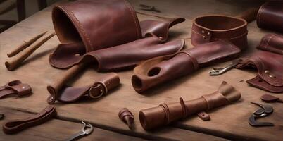 leather craft. Hand made leather goods, or leather parts on a work table. AI Generated photo