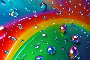 A rainbow colored background with water drops. Generative AI photo