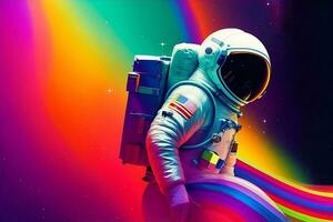 Abstract image of cosmonaut in colors of rainbow. Generative AI photo