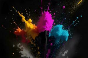 Colorful paint splatter on a black background.. Generative AI photo