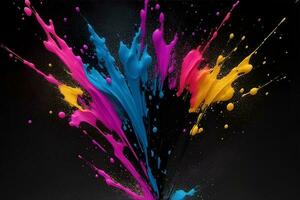 Colorful paint splatter on a black background.. Generative AI photo