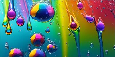 A rainbow colored background with water drops. Generative AI photo