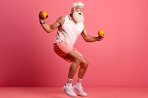Happy old man doing sport on color studio background. photo