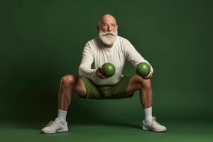 Happy old man doing sport on color studio background. photo