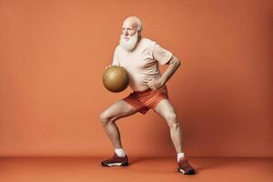 Happy old man doing sport on color studio background. photo