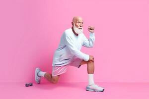Happy old man doing sport on color studio background. photo