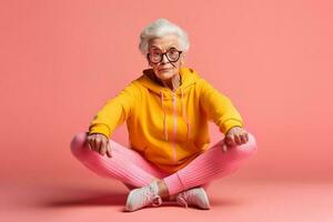 Old woman doing aerobics. Generative AI photo