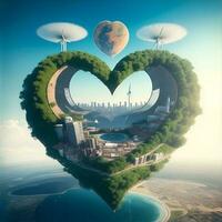 Photo planets form a heart shape and wind turbines and buildings. Generative AI
