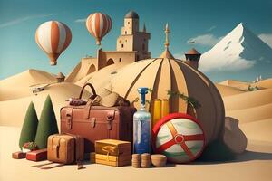 Image of baggage with elements of travel destination. photo