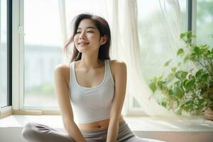 A Beautiful Athletic Asian Woman Does ABS Crunches. AI Generated photo