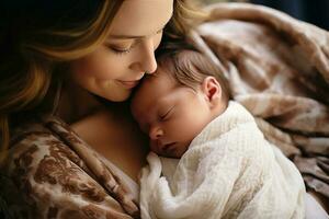 Authentic capture of a Caucasian mother and her newborn baby. AI Generated photo