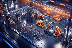 Car Factory 3D Concept Automated Robot Arm Assembly. photo