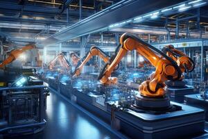 Car Factory 3D Concept Automated Robot Arm Assembly. photo