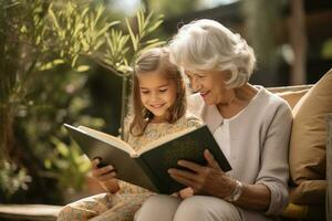 Cheerful grandmother and granddaughter are reading a book together. AI Generated photo