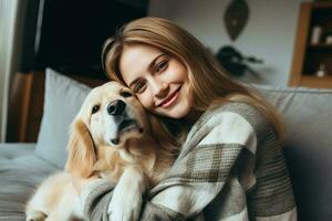 alegre mujer abrazando su amado mascota perro a hogar . ai generado foto