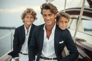 Close up portrait of elegant father with sons sailing. AI Generated photo
