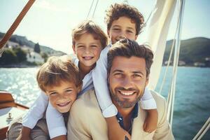 Close up portrait of elegant father with sons sailing. AI Generated photo