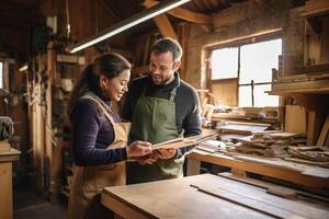 Couple of woodworkers discussing papers and working. photo