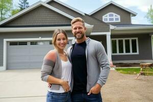 Couple standing in front of new house. AI Generated photo