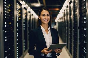 Data Center Female e-Business Entrepreneur Use Tablet Computer with Pleasure Smile. photo