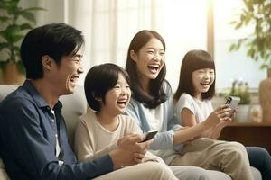 Family laughing while sitting in front of TV dad hold telephone. AI Generated photo