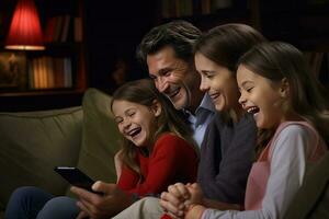 Family laughing while sitting in front of TV dad hold telephone. AI Generated photo