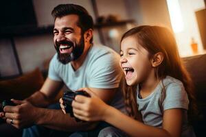 Father and daughter laugh and play video games together. AI Generated photo