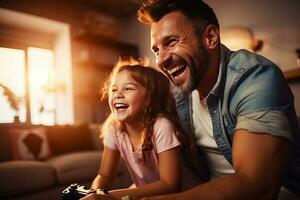Father and daughter laugh and play video games together. AI Generated photo