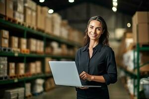 Female Inventory Manager Using Laptop Computer in Store. AI Generated photo