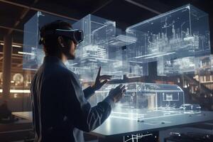 Futuristic Architectural Engineer Wearing Augmented Reality Headset, Uses Gestures to Create 3D Graphics VFX Model of a Building with Infographics. photo