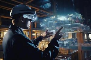 Futuristic Architectural Engineer Wearing Augmented Reality Headset, Uses Gestures to Create 3D Graphics VFX Model of a Building with Infographics. photo