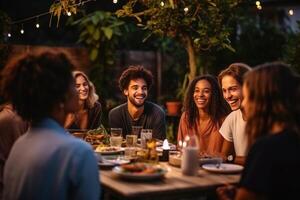 Group of Multiethnic Diverse People Having Fun, Communicating with Each Other and Eating at Outdoors Dinner. AI Generated photo