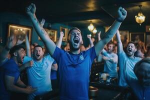 grupo de fútbol aficionados aplausos gritando levantamiento manos. ai generado foto