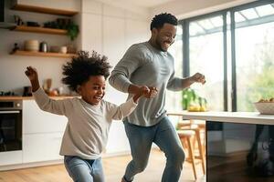 contento africano americano familia padre y pequeño hijo bailando en un cocina. ai generado foto