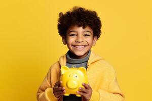 Happy ethnic boy storing money in piggy bank on yellow background. AI Generated photo