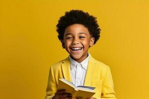 Happy ethnic schoolboy laughing with book on yellow studio background.. AI Generated photo